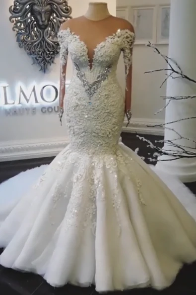 Modern Crystals Long Sleevess Wedding Dresses Off the Shoulder Mermaid Bridal Gowns - Image 2