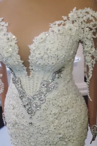 Modern Crystals Long Sleevess Wedding Dresses Off the Shoulder Mermaid Bridal Gowns - Image 3