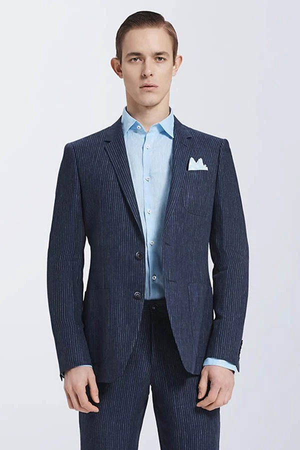New Arrival Dark Navy Mens Casual Suits Stripes Patch Pockets Daily Men's Suits - Image 2
