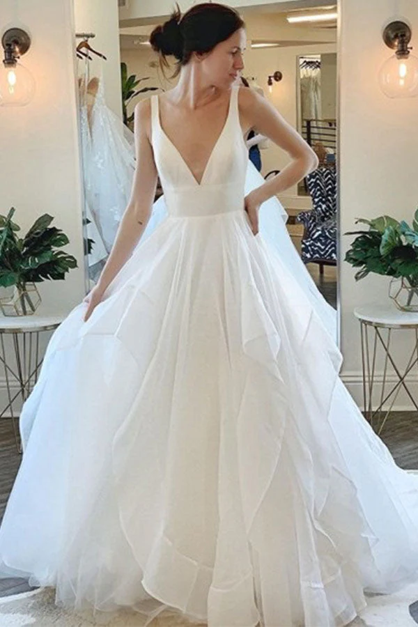 Modern Deep V neck Sleeveless White Tulle Wedding Dresses with Ruffless - Image 3