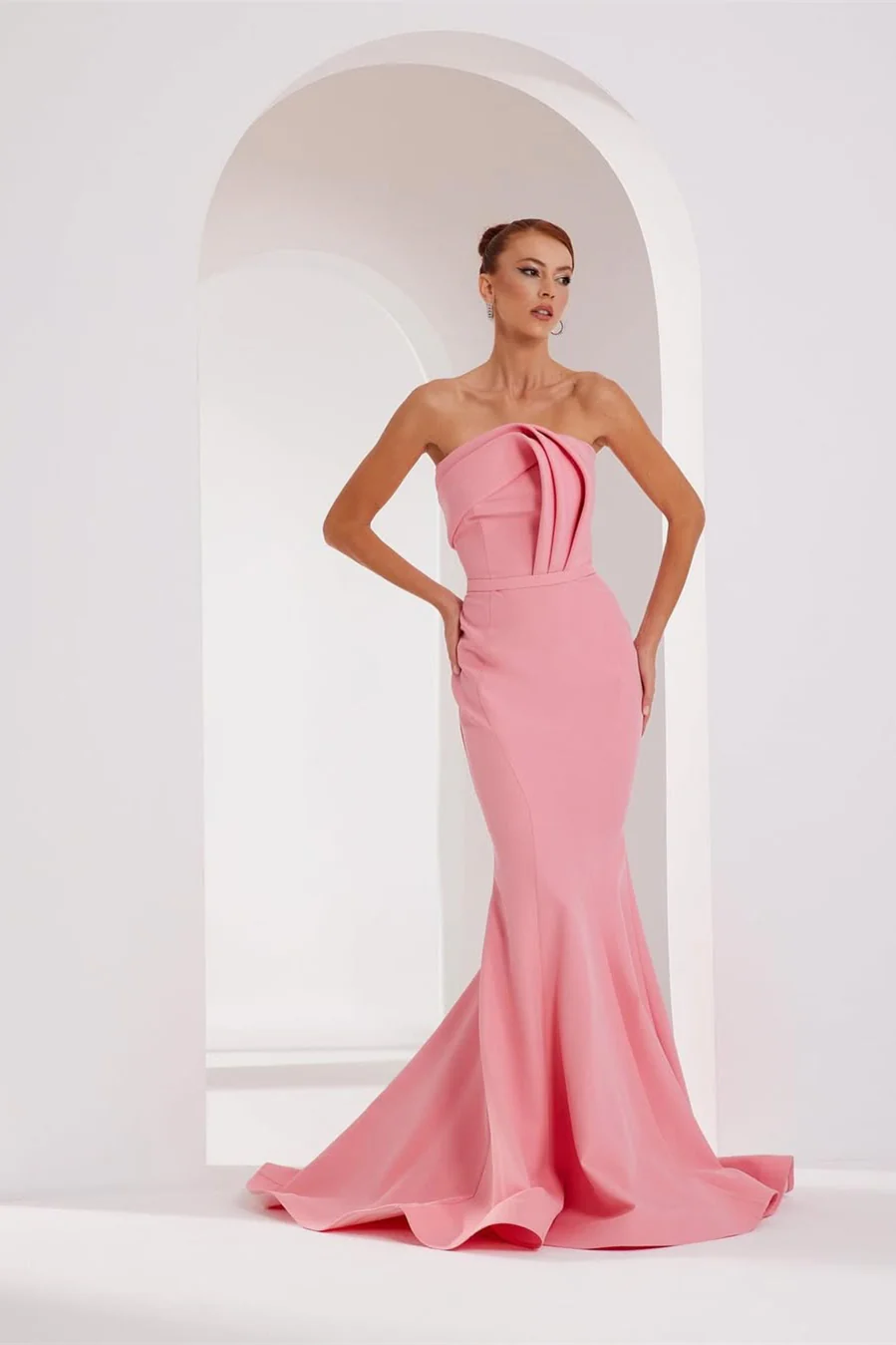 Modern Dusty Rose Strapless Satin Prom Dress Mermaid Sheath Sleeveless On Sale - Image 3