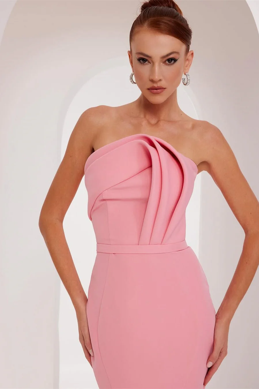 Modern Dusty Rose Strapless Satin Prom Dress Mermaid Sheath Sleeveless On Sale - Image 4