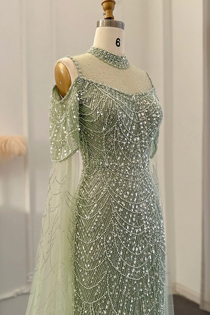 Modern High Neck Pearls Prom Dress Mermaid Long With Ruffle - Image 10