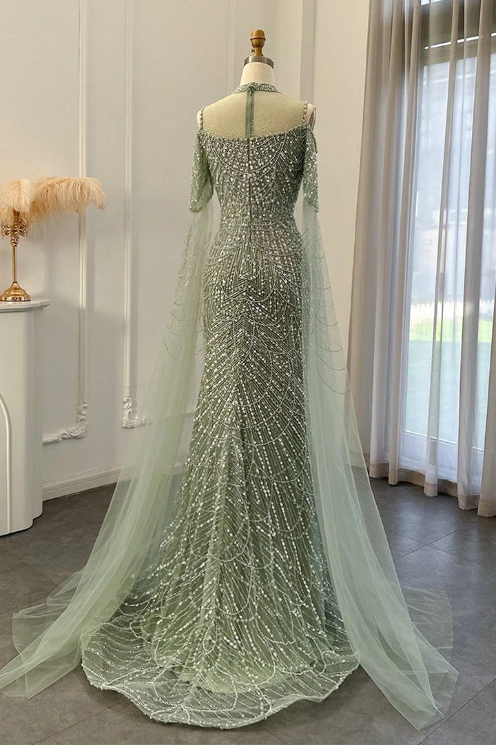 Modern High Neck Pearls Prom Dress Mermaid Long With Ruffle - Image 2