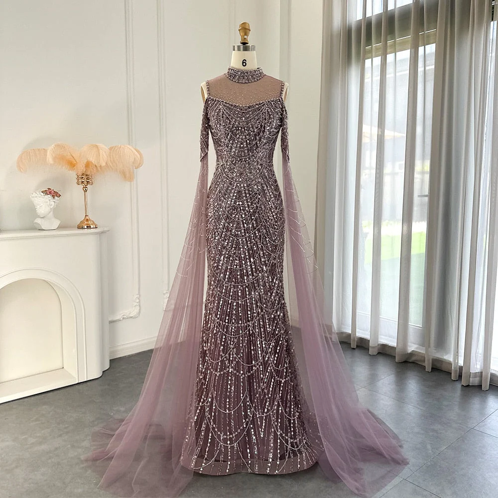 Modern High Neck Pearls Prom Dress Mermaid Long With Ruffle - Image 3