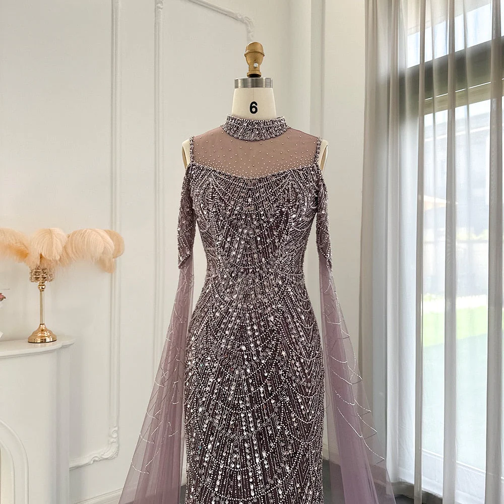 Modern High Neck Pearls Prom Dress Mermaid Long With Ruffle - Image 5