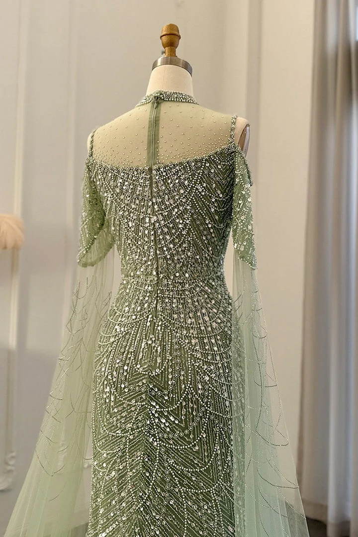 Modern High Neck Pearls Prom Dress Mermaid Long With Ruffle - Image 6