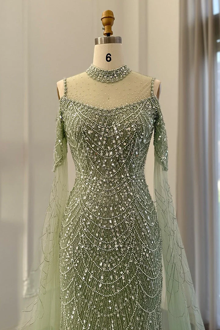 Modern High Neck Pearls Prom Dress Mermaid Long With Ruffle - Image 7
