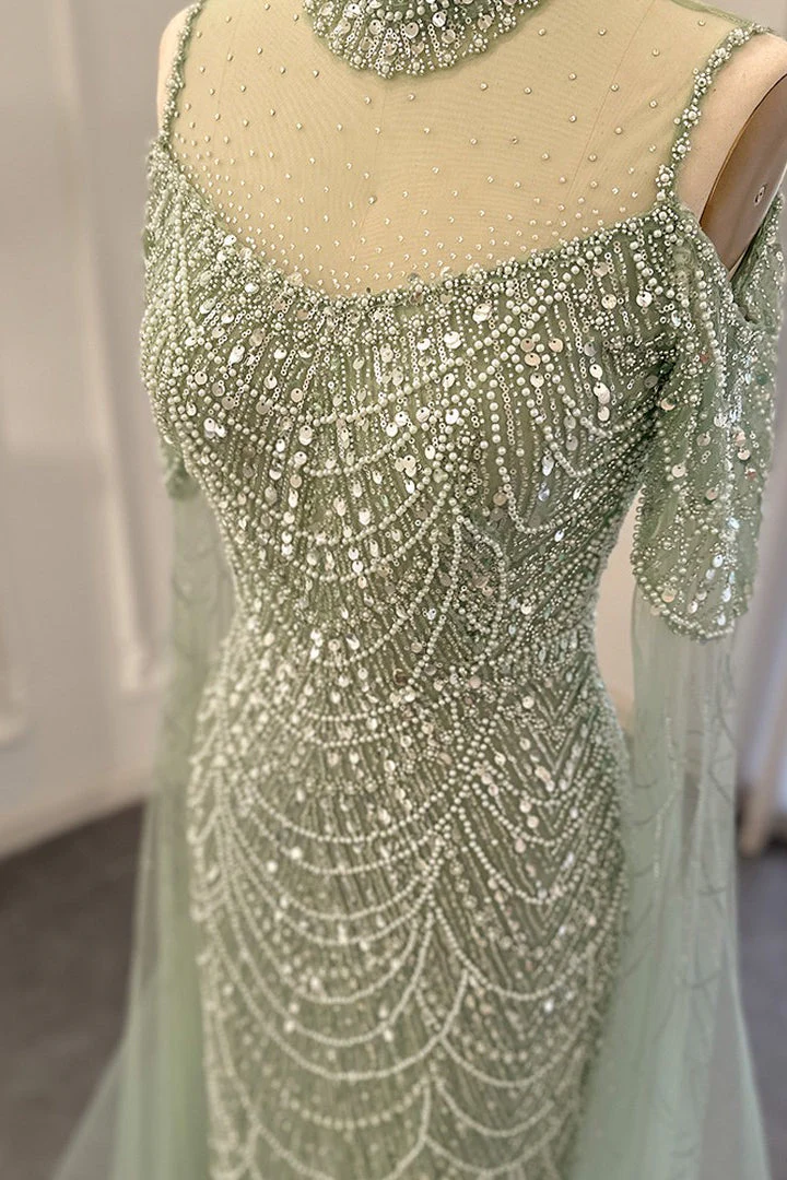 Modern High Neck Pearls Prom Dress Mermaid Long With Ruffle - Image 8
