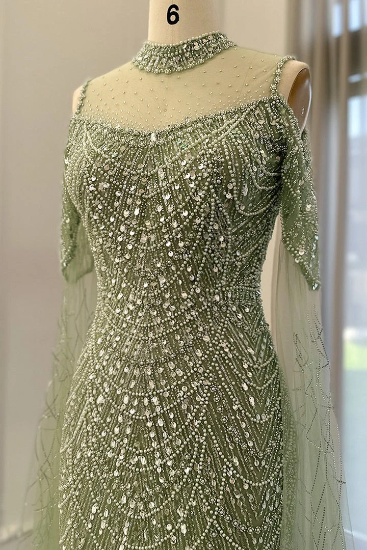 Modern High Neck Pearls Prom Dress Mermaid Long With Ruffle - Image 9