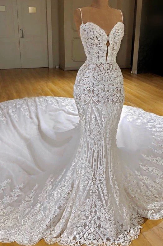 Modern Lace Mermaid Wedding Dresses Spaghetti Straps Appliques Bridal Gowns - Image 2