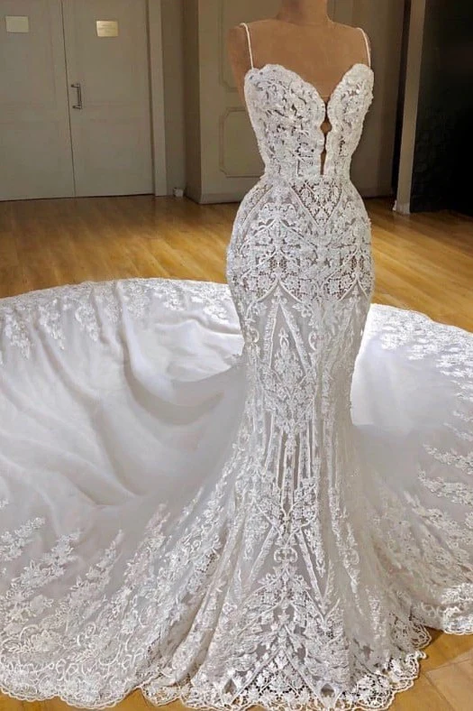Modern Lace Mermaid Wedding Dresses Spaghetti Straps Appliques Bridal Gowns - Image 3