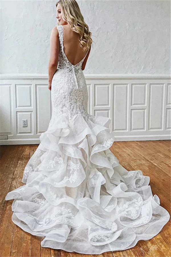 Modern Lace V Neck Mermaid Wedding Dresses Sleeveles With Ruffles - Image 2