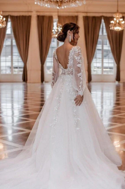 Ballbella Modern Lace Wedding Gowns With Long Sleeves V-neck - Image 2