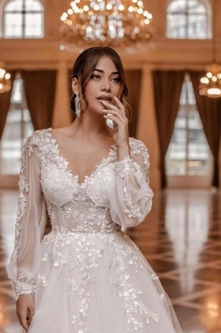 Ballbella Modern Lace Wedding Gowns With Long Sleeves V-neck - Image 3
