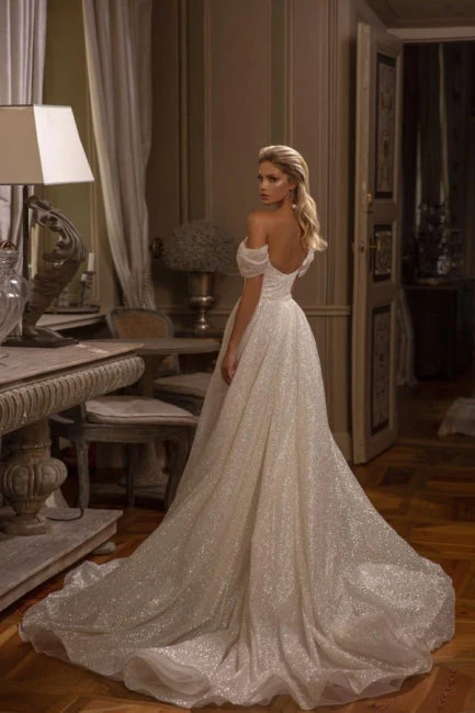 New Arrival Long A-line Off-the-shoulder Glitter Sleeveless Wedding Dresses - Image 2