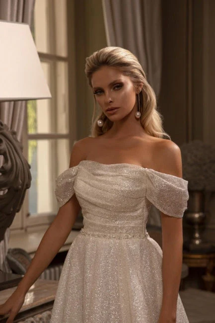 New Arrival Long A-line Off-the-shoulder Glitter Sleeveless Wedding Dresses - Image 3
