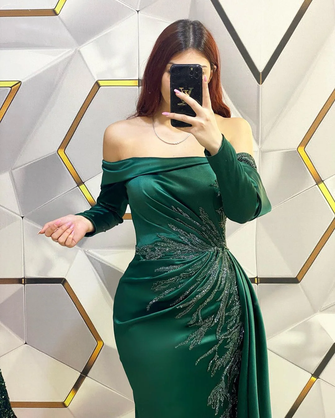 Modern Long Dark Green Mermaid Off-the-shoulder Lace Evening Prom Dresses With Long Sleeves - Image 2