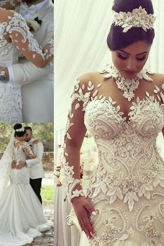 Modern Long Sleeves High Neck Lace Wedding Dress Bridal Gown - Image 2