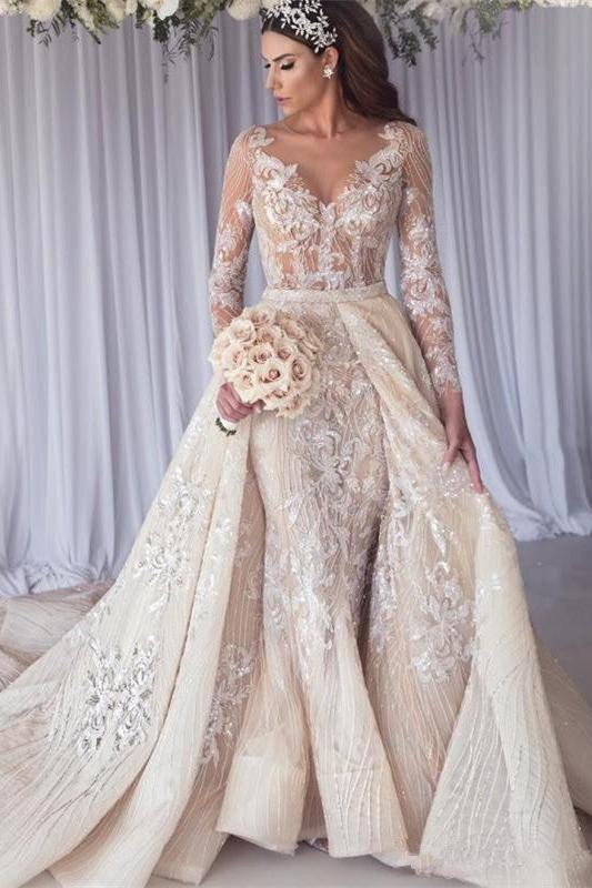 Modern Long Sleeves Lace Mermaid Overskirt Wedding Dress Bridal Gowns - Image 2