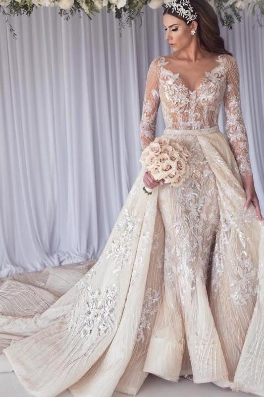 Modern Long Sleeves Lace Mermaid Overskirt Wedding Dress Bridal Gowns - Image 3