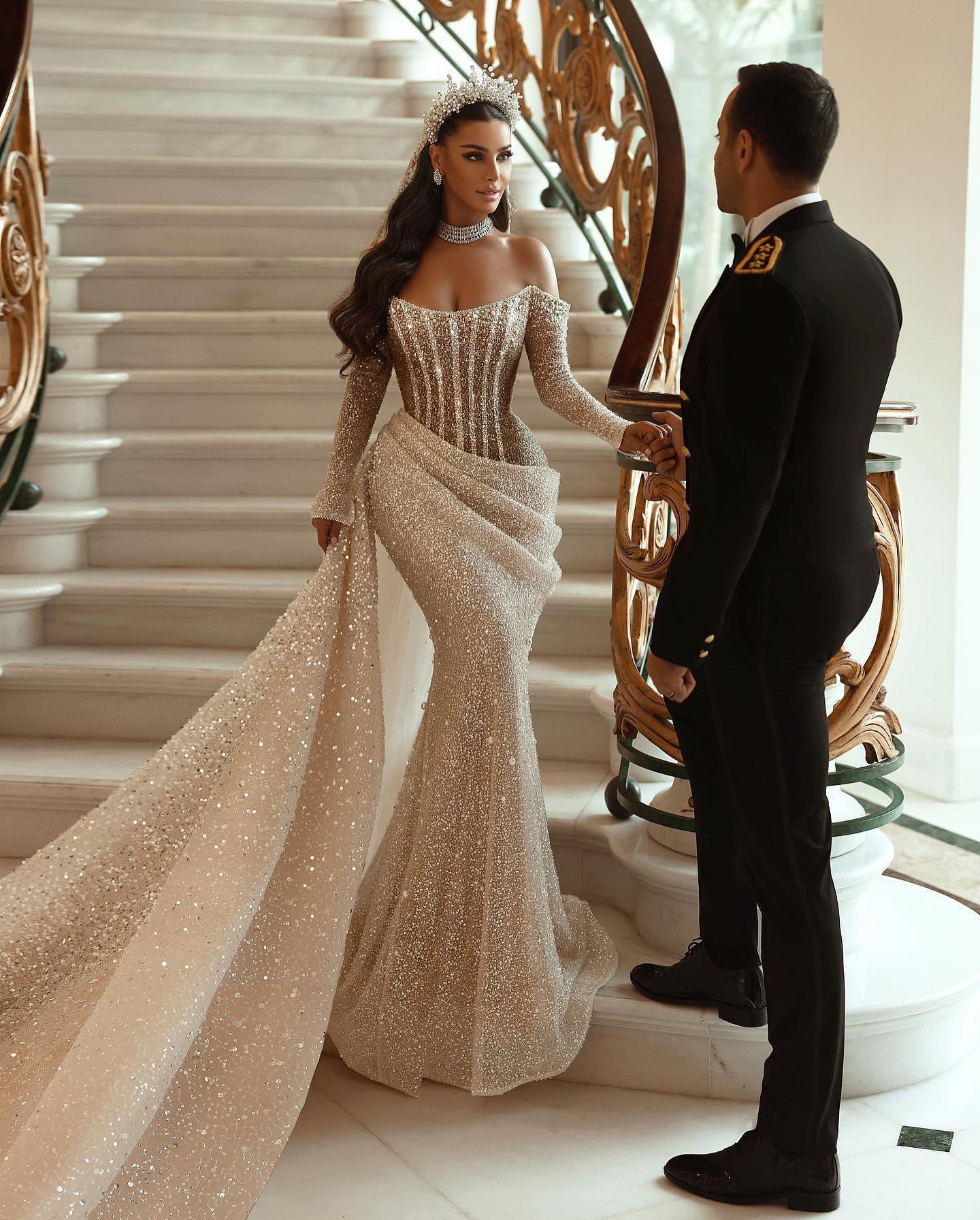 Modern Long Sleeves Mermaid Wedding Dress With Ruffles and Sequins Pleats - Image 2