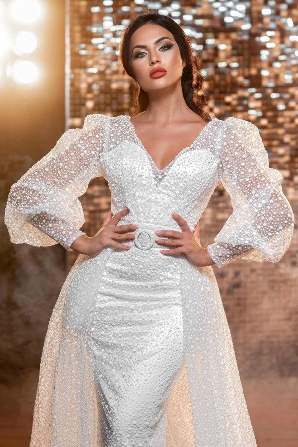 Amazing Long V-Neck Glitter Wedding Dresses Online With Long Sleevess - Image 2