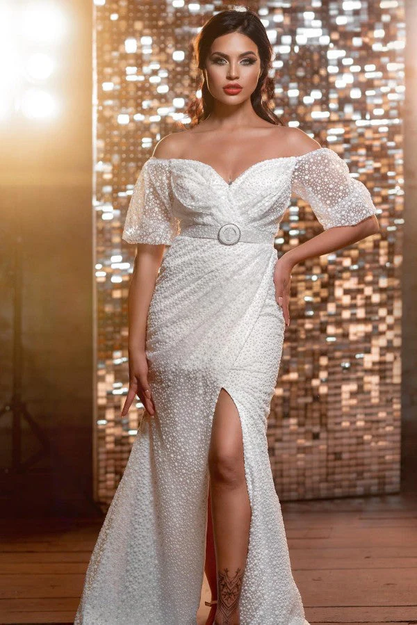 Amazing Long V-Neck Glitter Wedding Dresses Online With Long Sleevess - Image 3