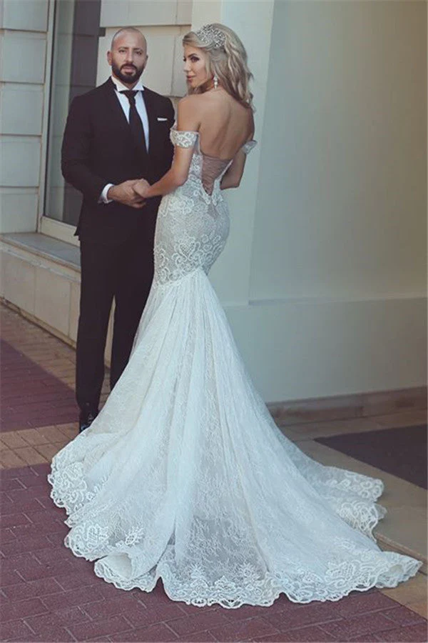 Modern Mermaid Lace Off the Shoulder Wedding Dresses Open Back Bridal Gowns - Image 2