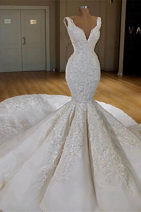 Modern Mermaid Lace Wedding Dresses Online Straps Luxurious Bridal Gowns with Long Train - Image 2