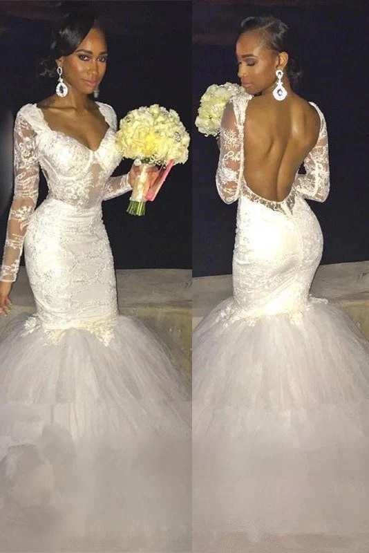 Modern Mermaid Long Sleeve Lace Backless Wedding Dress - Image 2