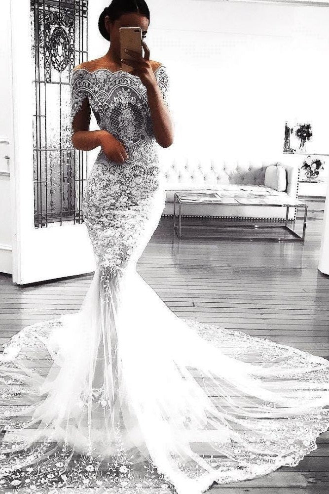 Modern Mermaid Long Sleeves Lace Wedding Dress Modern Flowers See Through Tulle Bride Dress - Image 2