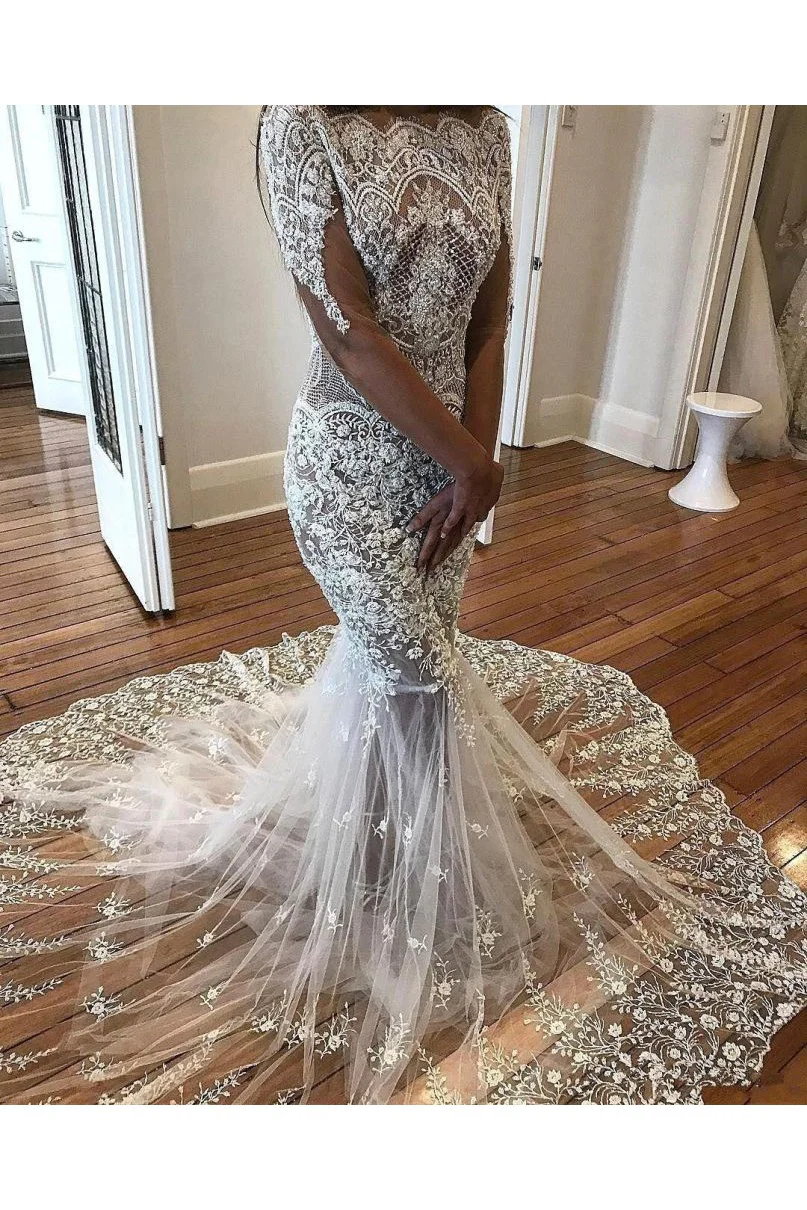 Modern Mermaid Long Sleeves Lace Wedding Dress Modern Flowers See Through Tulle Bride Dress - Image 3