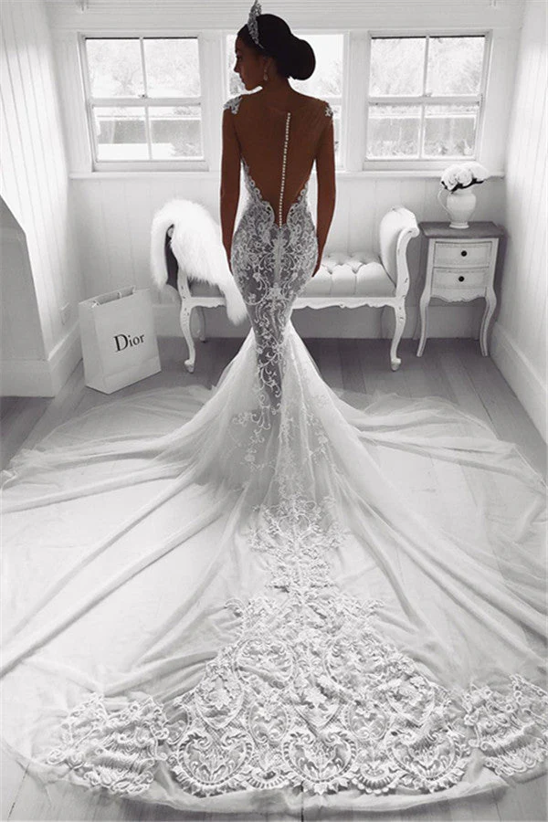 Modern Mermaid Straps Wedding Dresses Sheer Tulle Sleeveless Appliques Bridal Gowns - Image 2