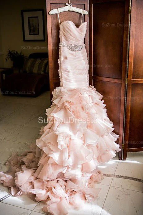 Modern Mermaid Sweetheart Wedding Dresses Pink Crystal Lace Up Lovely Ruffless Bridal Gowns - Image 2