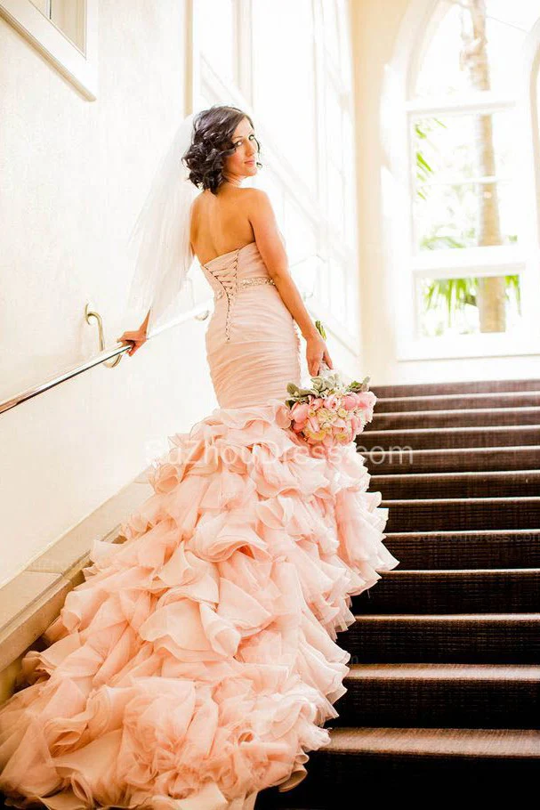 Modern Mermaid Sweetheart Wedding Dresses Pink Crystal Lace Up Lovely Ruffless Bridal Gowns - Image 3