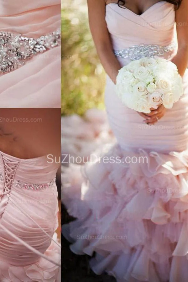 Modern Mermaid Sweetheart Wedding Dresses Pink Crystal Lace Up Lovely Ruffless Bridal Gowns - Image 4