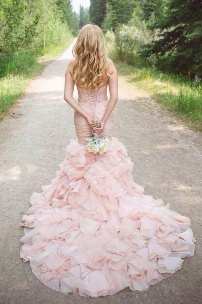 Modern Mermaid Sweetheart Wedding Dresses Pink Crystal Lace Up Lovely Ruffless Bridal Gowns - Image 5