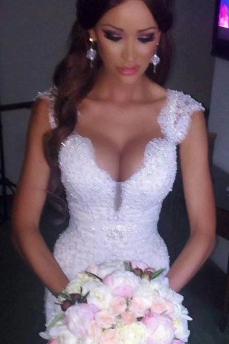 Modern Mermaid V neck Wedding Dress Sparkly Lace Bridal Gowns - Image 3