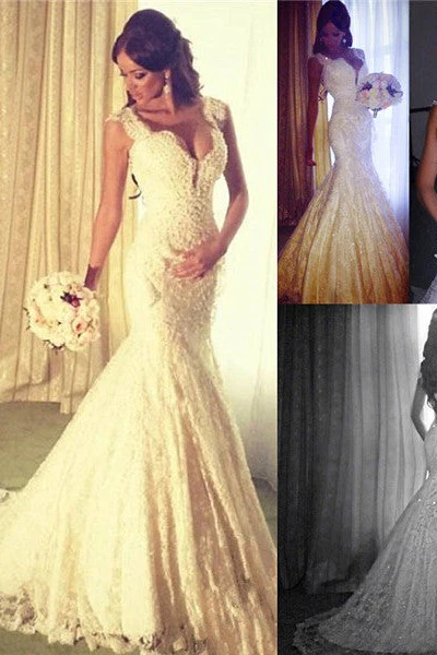 Modern Mermaid V neck Wedding Dress Sparkly Lace Bridal Gowns - Image 5