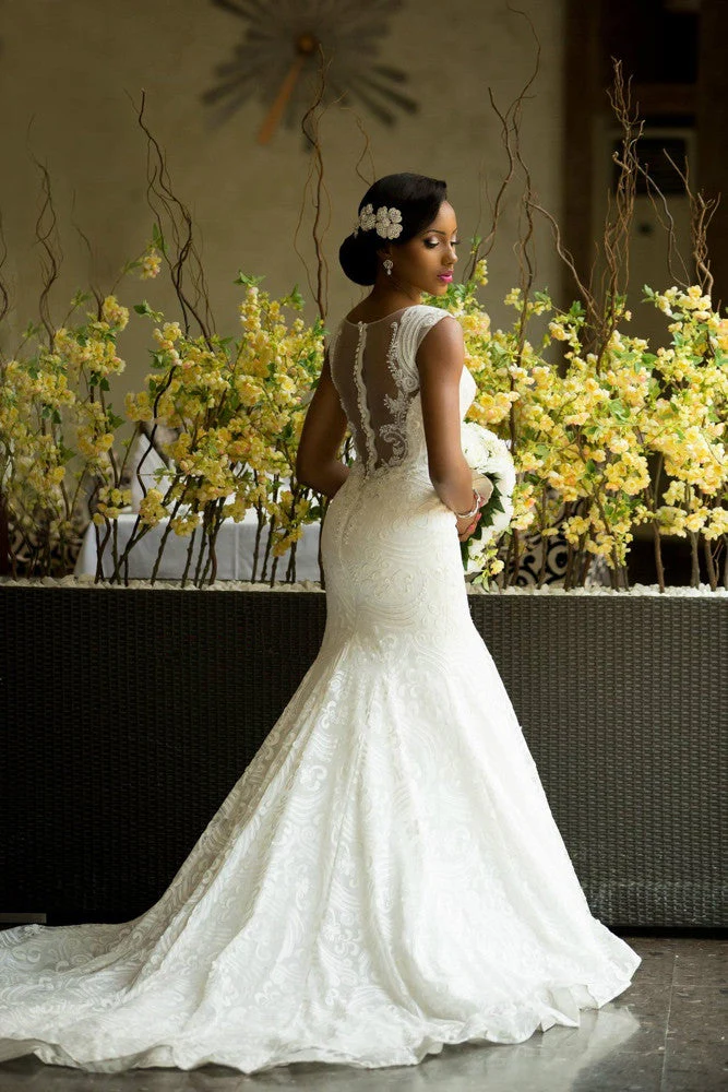 Modern Mermaid Vintage Wedding Dress with Special Lace Beading Sheer Back Bridal Gowns - Image 3