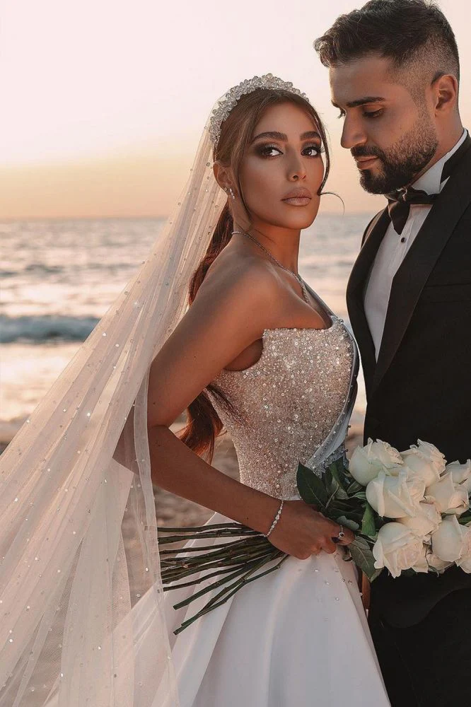 Modern One Shoulder Ruffles Satin Sparkly Seqiuns Mermaid Bridal Dress - Image 10