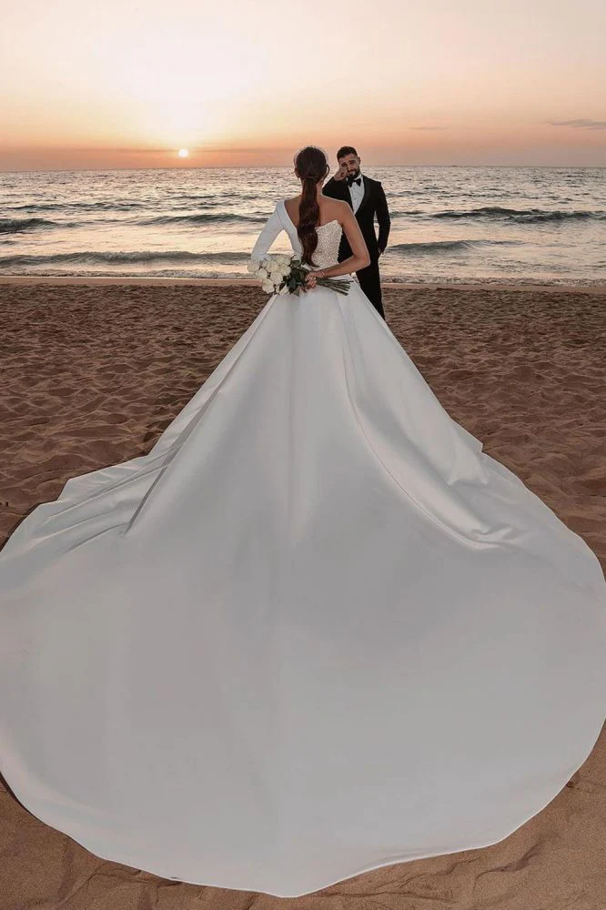 Modern One Shoulder Ruffles Satin Sparkly Seqiuns Mermaid Bridal Dress - Image 2