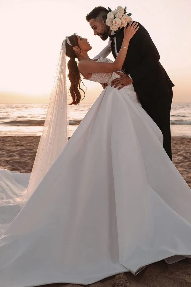 Modern One Shoulder Ruffles Satin Sparkly Seqiuns Mermaid Bridal Dress - Image 3