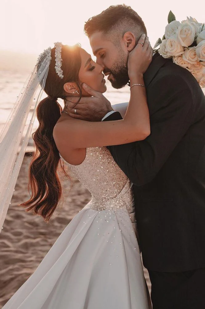 Modern One Shoulder Ruffles Satin Sparkly Seqiuns Mermaid Bridal Dress - Image 5