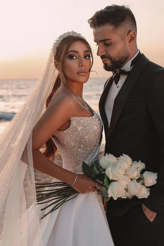 Modern One Shoulder Ruffles Satin Sparkly Seqiuns Mermaid Bridal Dress - Image 7