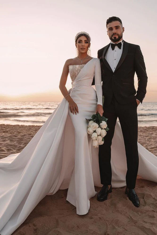 Modern One Shoulder Ruffles Satin Sparkly Seqiuns Mermaid Bridal Dress - Image 8