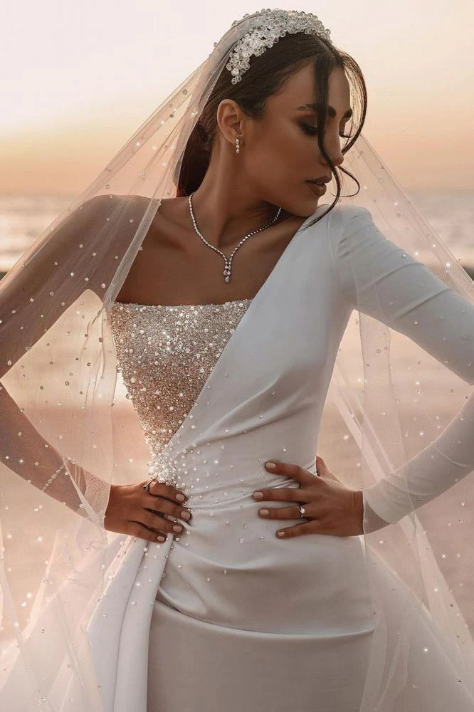 Modern One Shoulder Ruffles Satin Sparkly Seqiuns Mermaid Bridal Dress - Image 9