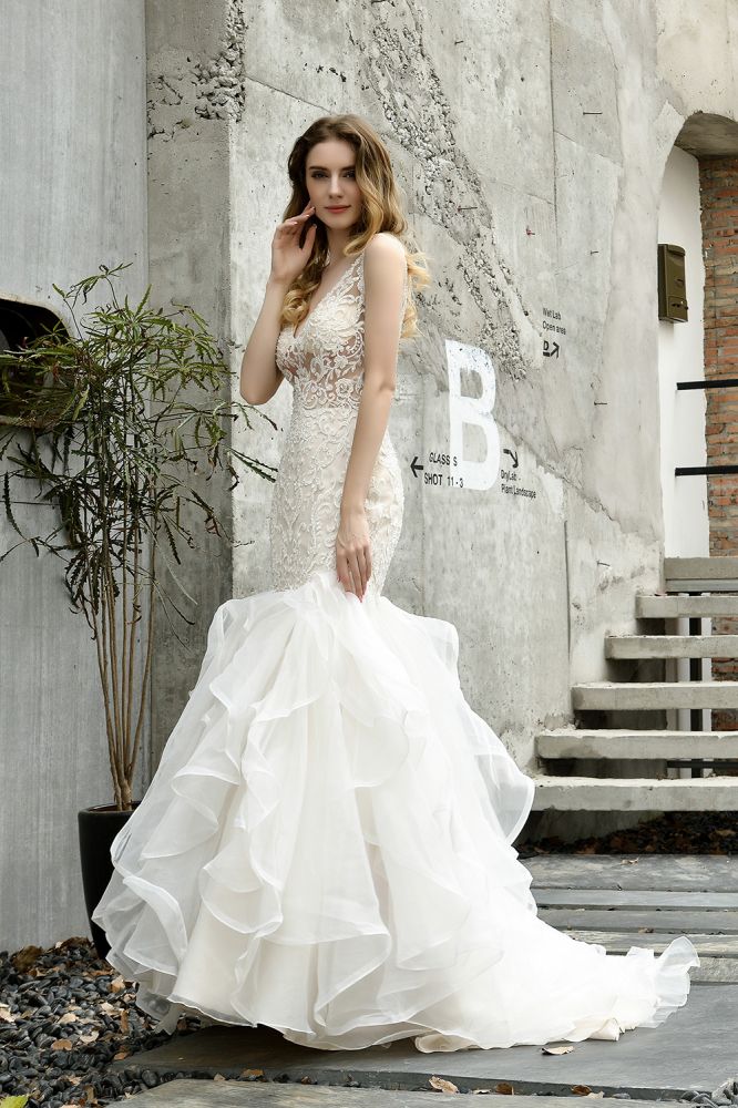 Modern See through Lace Mermaid Lace Sleeveless Ivory Wedding Dress with Ruffles Train - Image 10