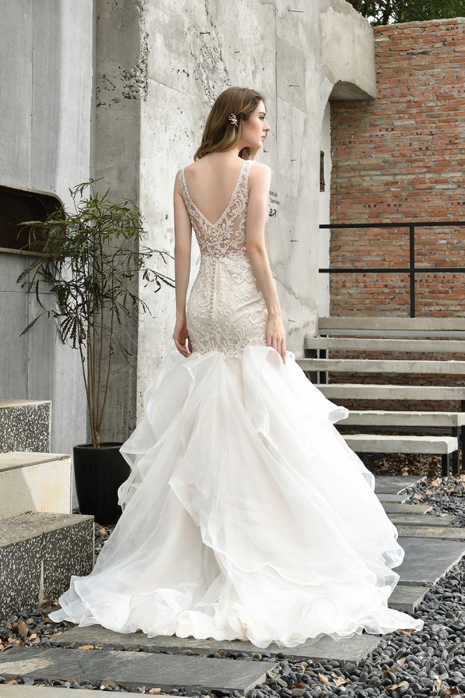Modern See through Lace Mermaid Lace Sleeveless Ivory Wedding Dress with Ruffles Train - Image 2